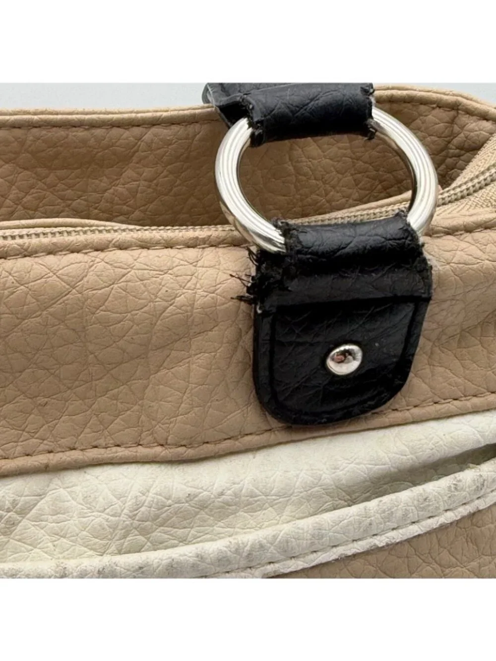 Rosetti Beige Black Braided Handle Satchel Shoulder Bag Faux Leather Purse